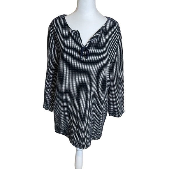Talbots Plus Navy White Plaid Knit Tunic Top 3X Tie Front Casual Nautical Beach - Picture 1 of 9